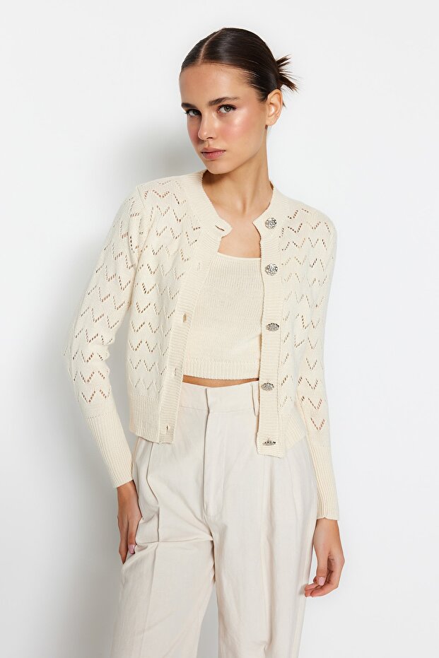 Bluzka-kardigan z guzikami w kamieniu, szczegółowo ażurowa/z dziurami TWOSS23HI00000 - 2