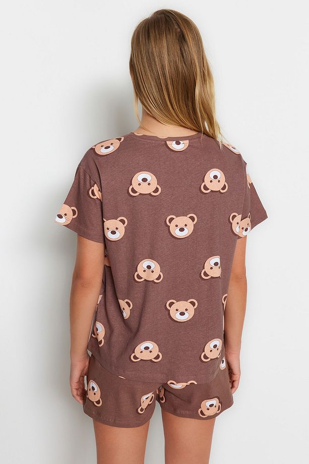 Kahverengi %100 Pamuklu Ayıcıklı Şortlu Örme Pijama Takımı THMSS23PT00005 - 9