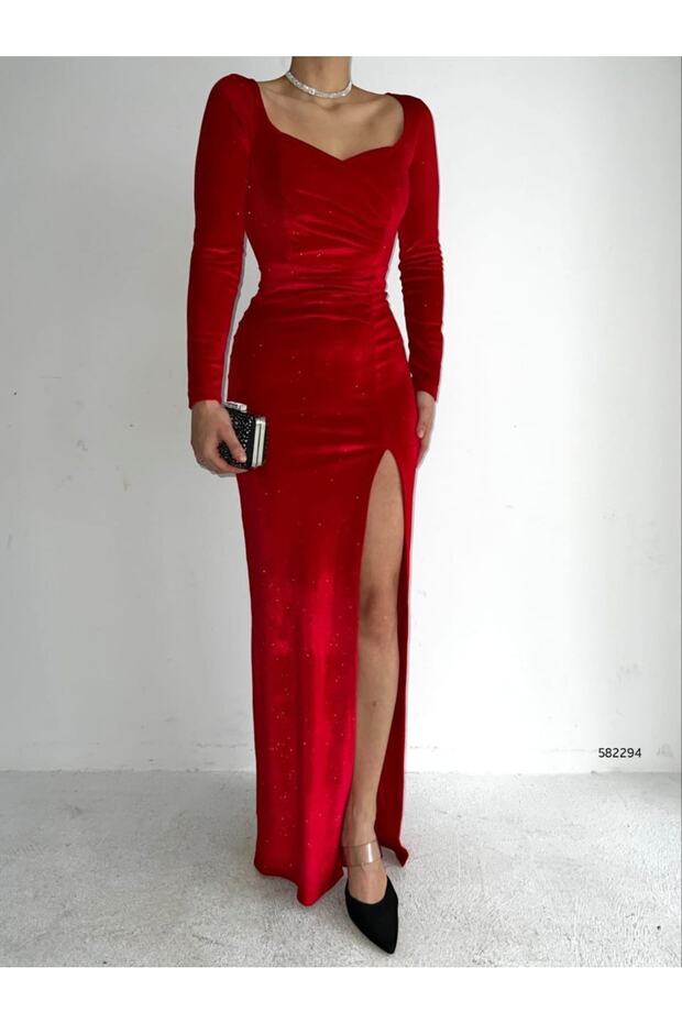 Women's Glitter Velvet Fabric Slit Evening Dress (Color Options)