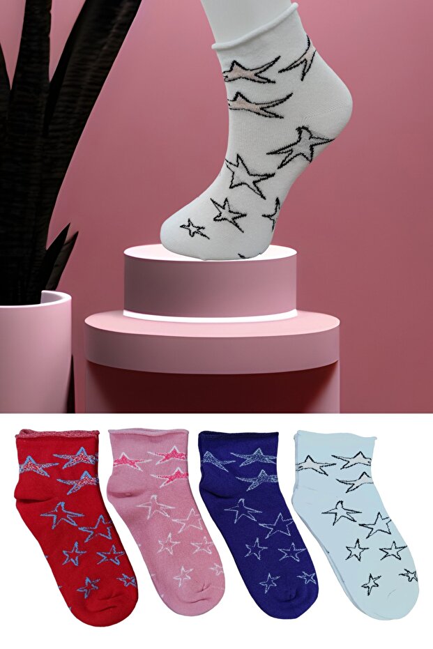 Women's Seamless 4 Pairs Combed Cotton Mid-Calf Star Patterned Socks