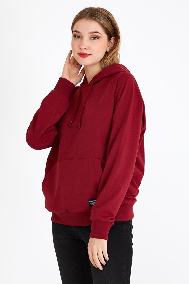 Kadın Bordo Kapüşonlu Basic Örme Sweatshirt - 3