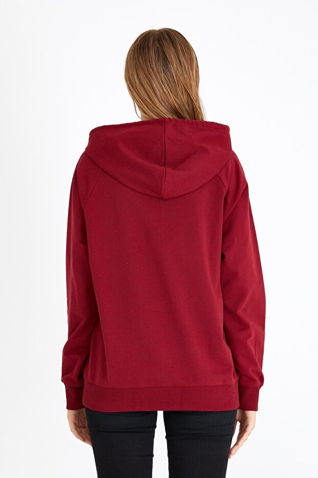 Kadın Bordo Kapüşonlu Basic Örme Sweatshirt - 6