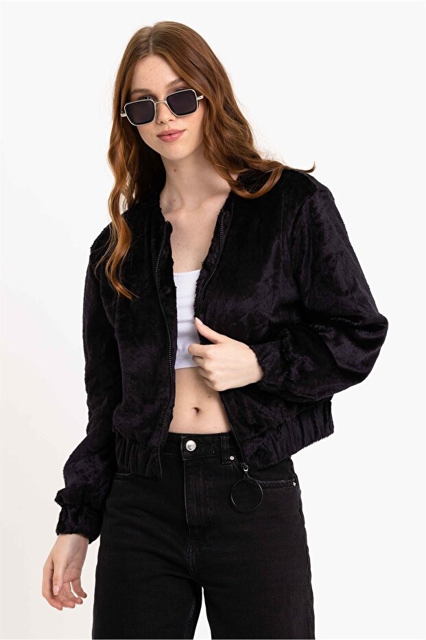 Black Women's Faux Fur Jacket with Zipper