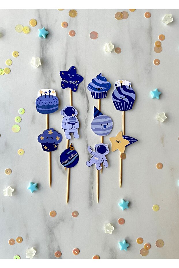 10-Piece Tiny Blue Boy's Space Astronaut Concept Birthday Cupcake Topper