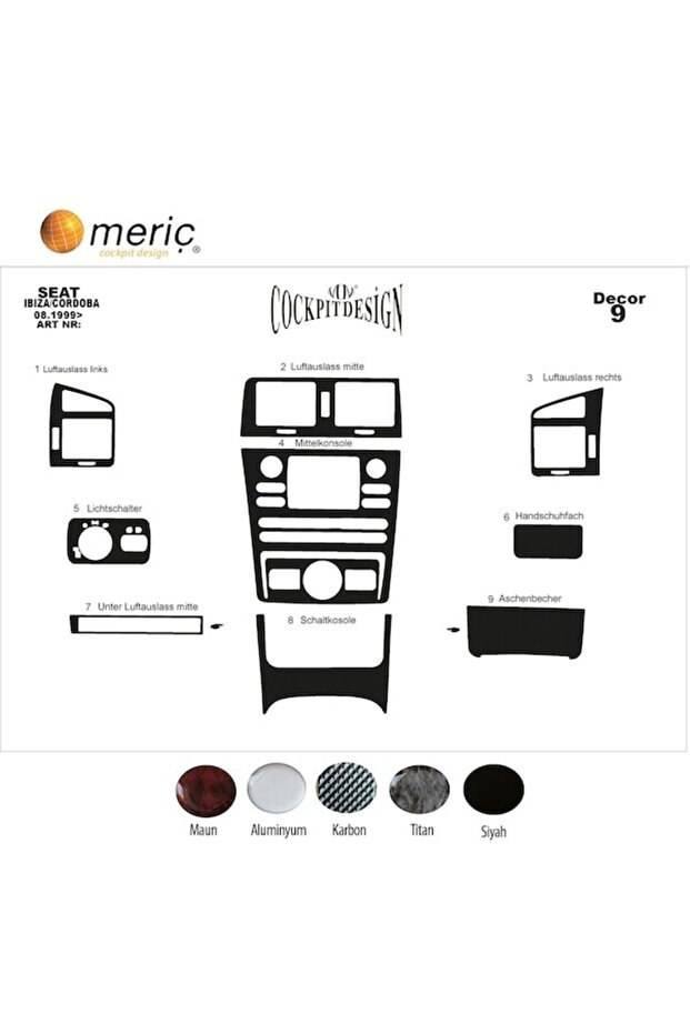 Meriç ® Seat Cordoba Front Glove Box Trim Gloss Black 9 Pieces 1999-2002