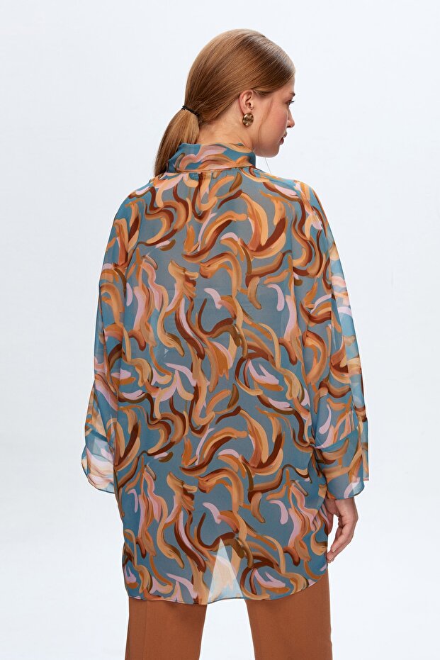 Gemusterte Bluse mit Bindeschal - 5