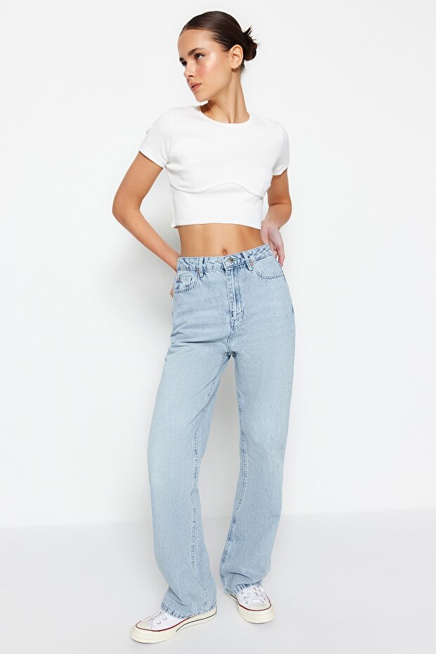 Mavi Yüksek Bel Straight Düz Kesim %100 Pamuk Non-Stretch Jeans TWOSS22JE0242 - 2
