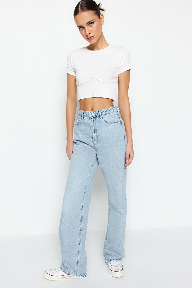 Mavi Yüksek Bel Straight Düz Kesim %100 Pamuk Non-Stretch Jeans TWOSS22JE0242 - 3