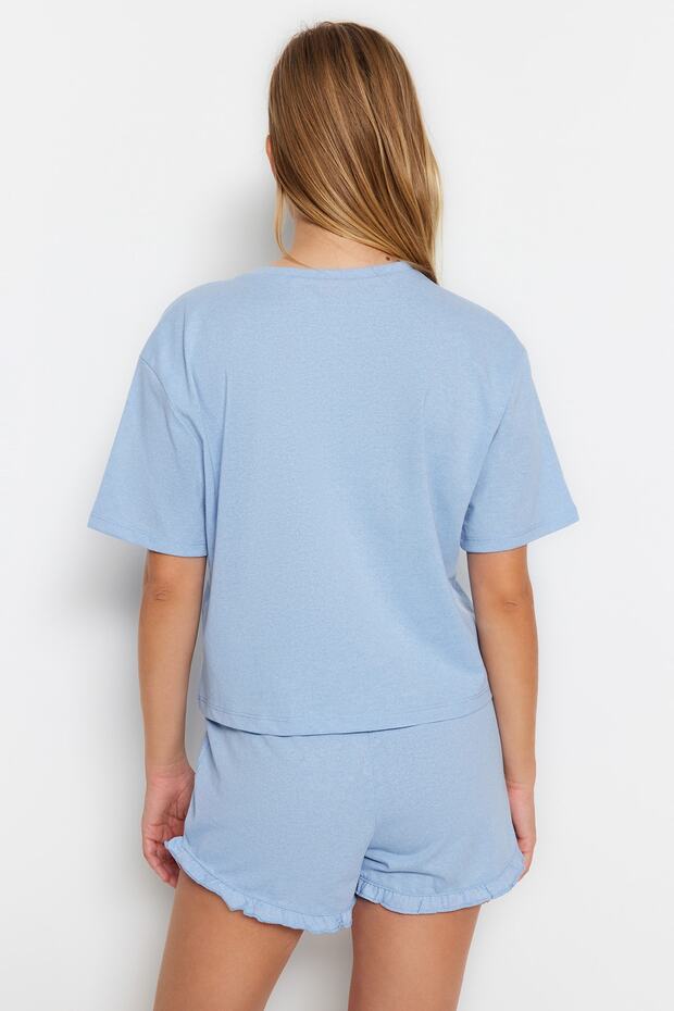 Mavi %100 Pamuklu Fırfırlı Baskılı Şortlu Örme Pijama Takımı THMSS22PT0422 - 8