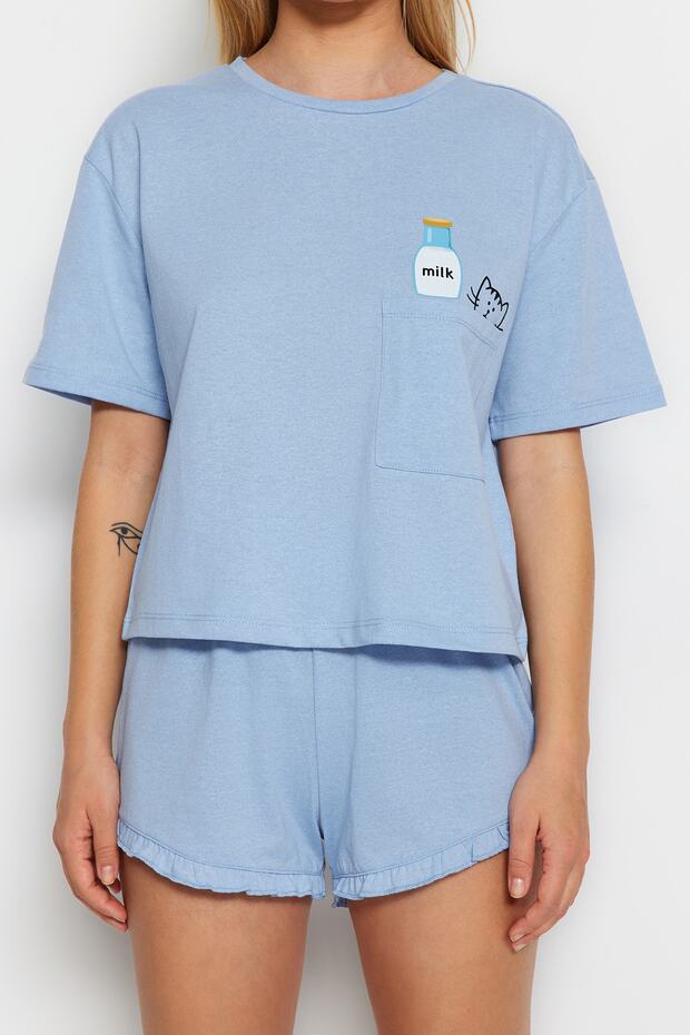 Mavi %100 Pamuklu Fırfırlı Baskılı Şortlu Örme Pijama Takımı THMSS22PT0422 - 4