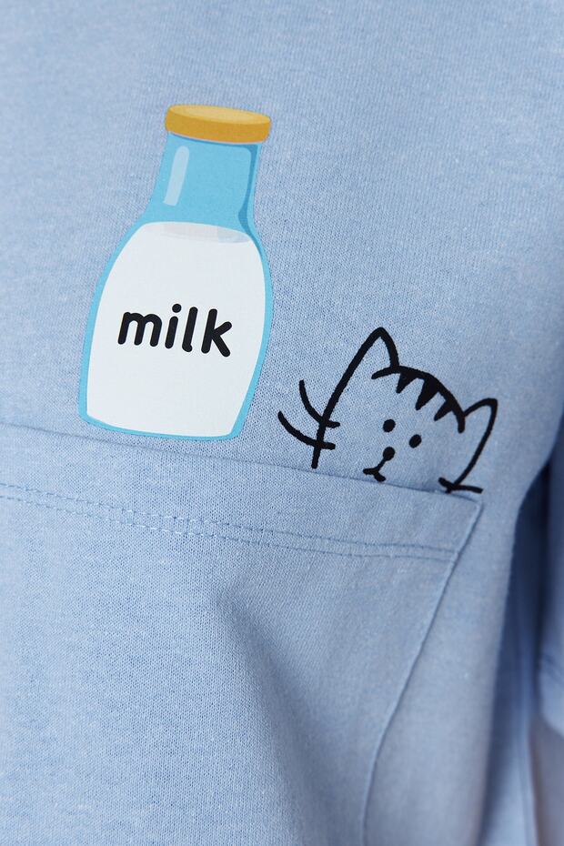 Mavi %100 Pamuklu Fırfırlı Baskılı Şortlu Örme Pijama Takımı THMSS22PT0422 - 5