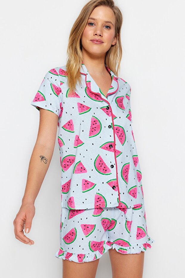 Açık Mavi %100 Pamuklu Karpuz Desenli Fırfırlı Şortlu Örme Pijama Takımı THMSS21PT0670 - 2