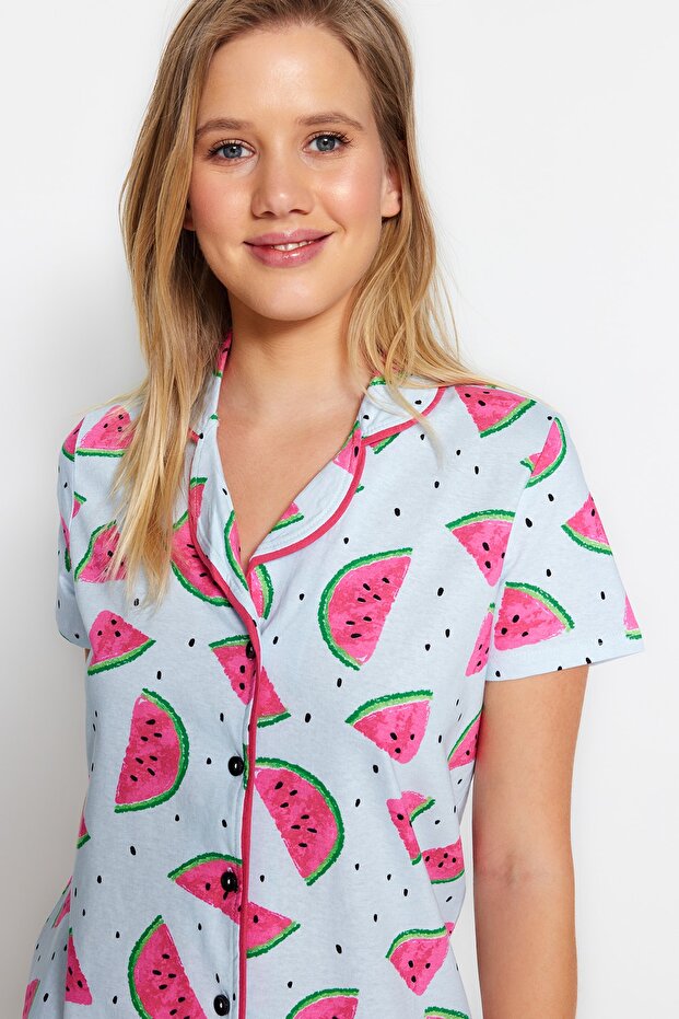 Açık Mavi %100 Pamuklu Karpuz Desenli Fırfırlı Şortlu Örme Pijama Takımı THMSS21PT0670 - 3
