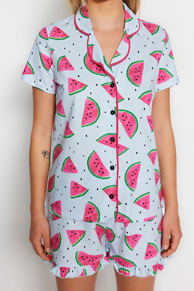 Açık Mavi %100 Pamuklu Karpuz Desenli Fırfırlı Şortlu Örme Pijama Takımı THMSS21PT0670 - 4