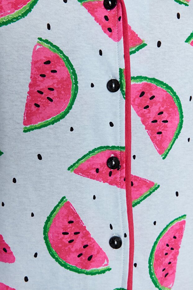 Açık Mavi %100 Pamuklu Karpuz Desenli Fırfırlı Şortlu Örme Pijama Takımı THMSS21PT0670 - 5