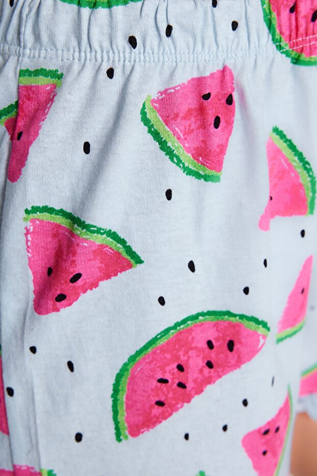 Açık Mavi %100 Pamuklu Karpuz Desenli Fırfırlı Şortlu Örme Pijama Takımı THMSS21PT0670 - 9