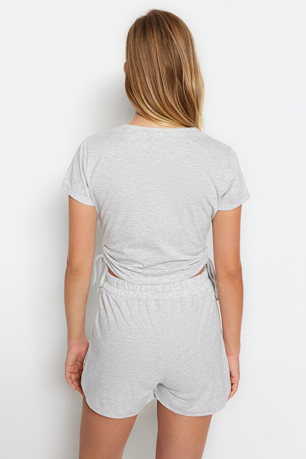 Gri Büzgülü Şortlu Örme Pijama Takımı THMSS23PT00010 - 8