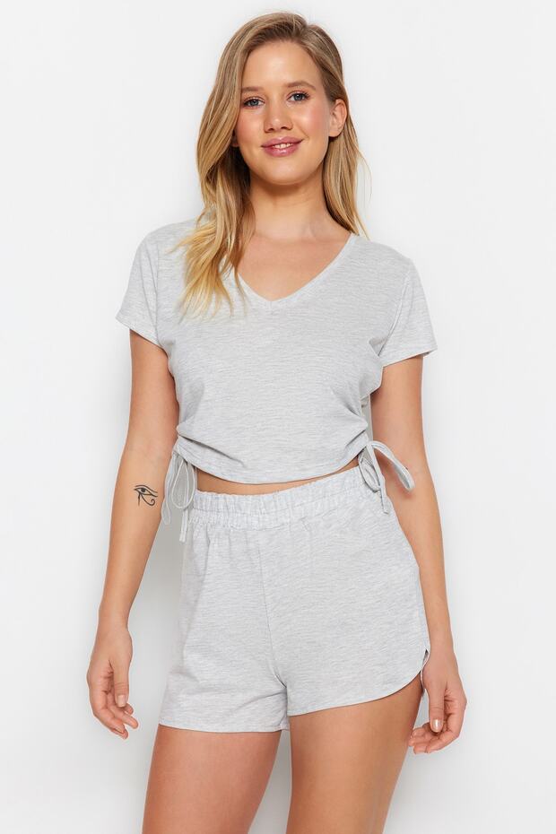 Gri Büzgülü Şortlu Örme Pijama Takımı THMSS23PT00010 - 1
