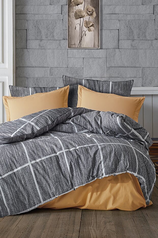 Emily Cotton Duvet Cover Set Double (4 Pieces) Duvet Cover Set Gray Mustard