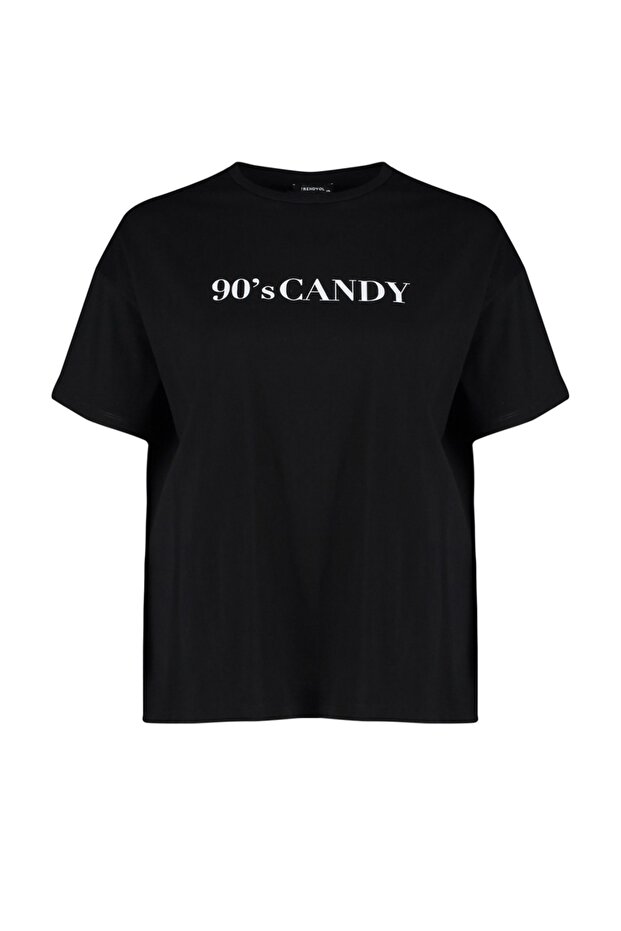 Siyah Geniş Kalıp Baskılı Bisiklet Yaka %100 Pamuk Örme T-shirt TBBSS23BF00015 - 6