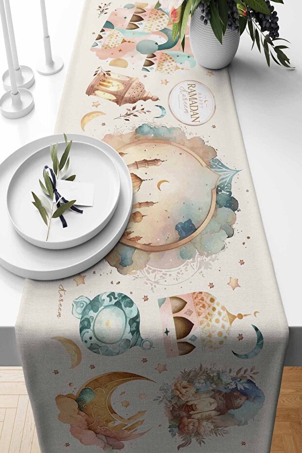 رانر طاولة رمضاني بنقشة بدرجات البودرة، من قماش شمواه منسوج، مقاس 140×40 سم - Ramadan Kareem