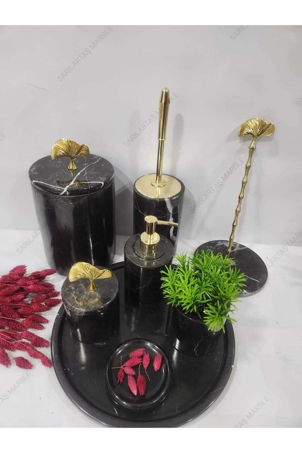 Black Marble Bathroom Set 8 Pieces with Gold Leaf Detail