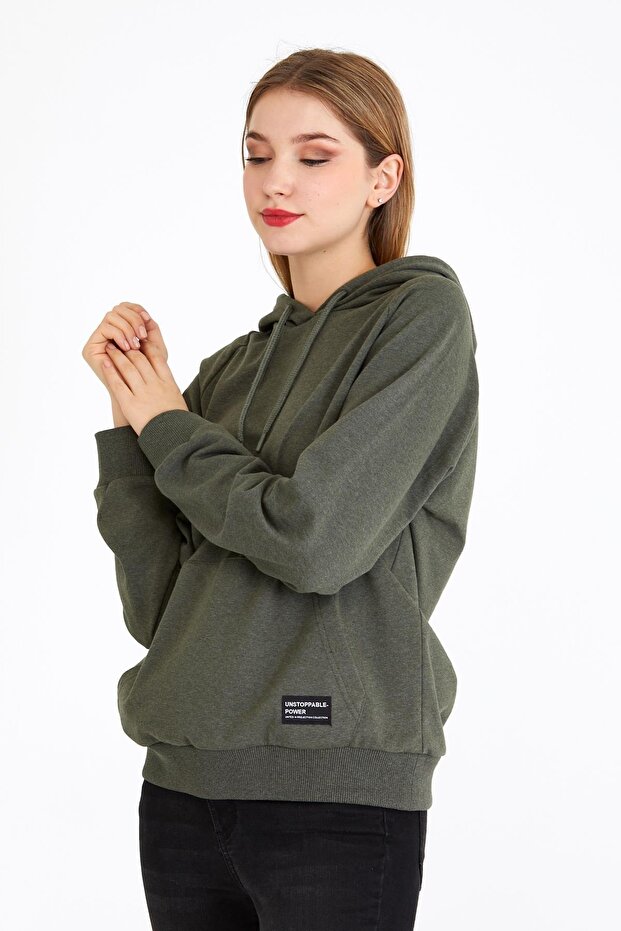 Kadın Haki Renk Kapüşonlu Basic Örme Sweatshirt - 4