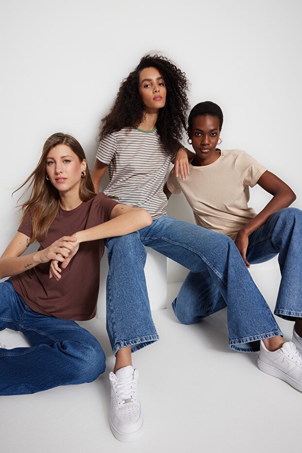 Kahverengi-Bej-Haki Çizgili 3'lü Paket Basic Bisiklet Yaka Örme T-Shirt TWOSS20TS0146 - 1