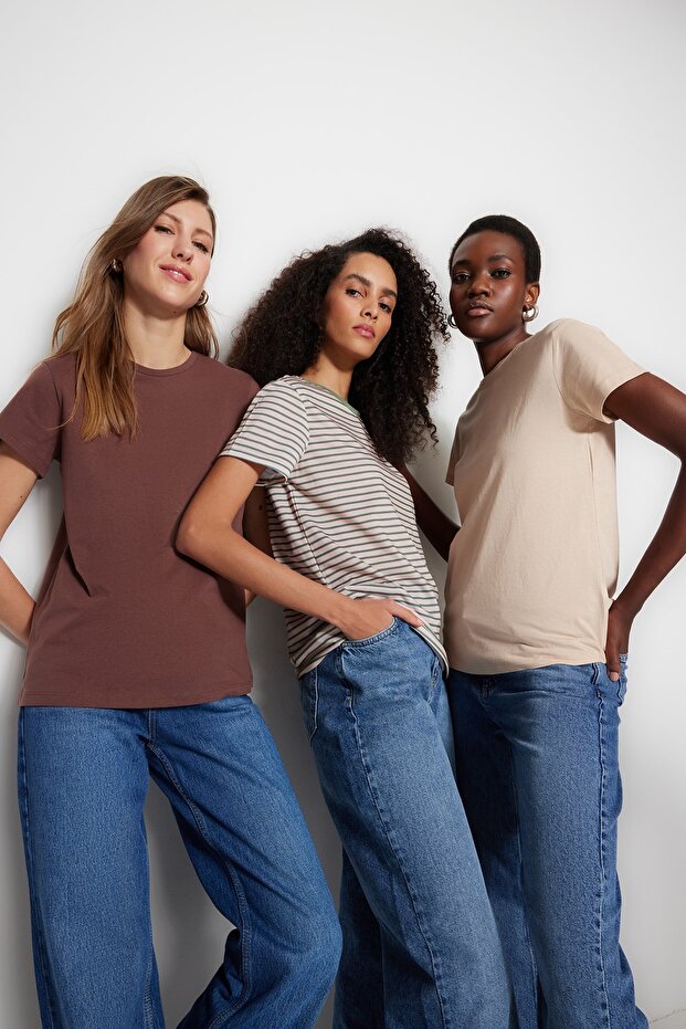 Kahverengi-Bej-Haki Çizgili 3'lü Paket Basic Bisiklet Yaka Örme T-Shirt TWOSS20TS0146 - 2