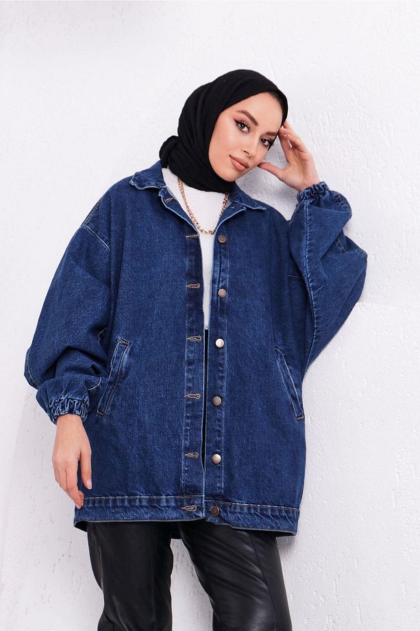 Kolları Lastikli Oversize Kot Ceket - 1