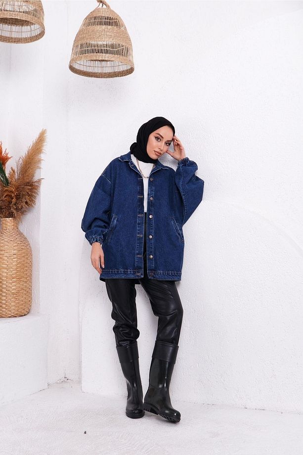 Kolları Lastikli Oversize Kot Ceket - 2