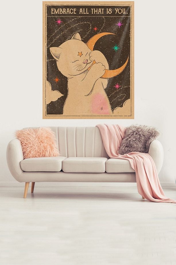 Yıldızları Kucaklayan Sevimli Kedi Leke Tutmaz Kadife Kumaş Duvar Örtüsü Duvar Halısı Tapestry - 1