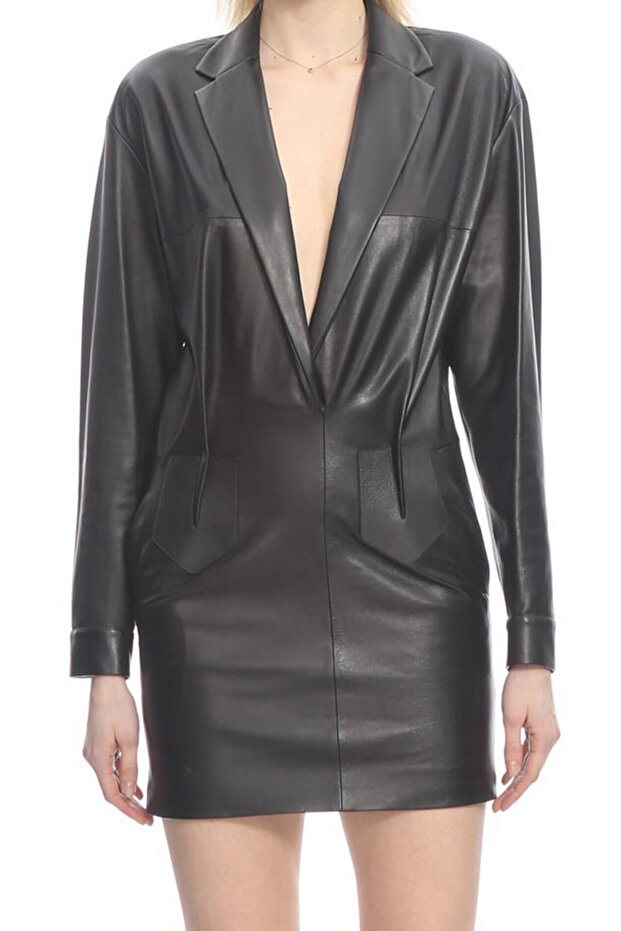 Siyah Deri Elbise - 4