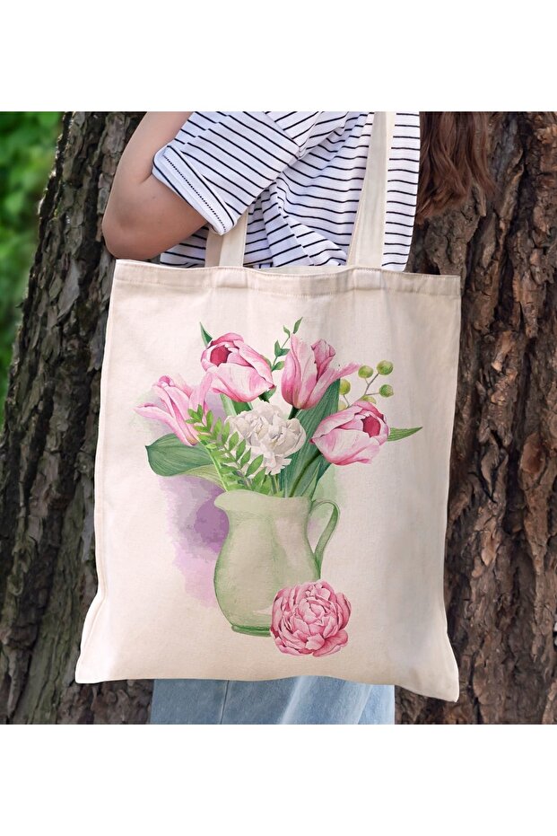 Floral Design Canvas Tote Bag Printed Shoulder Bag Shopping Bag Beach Bag