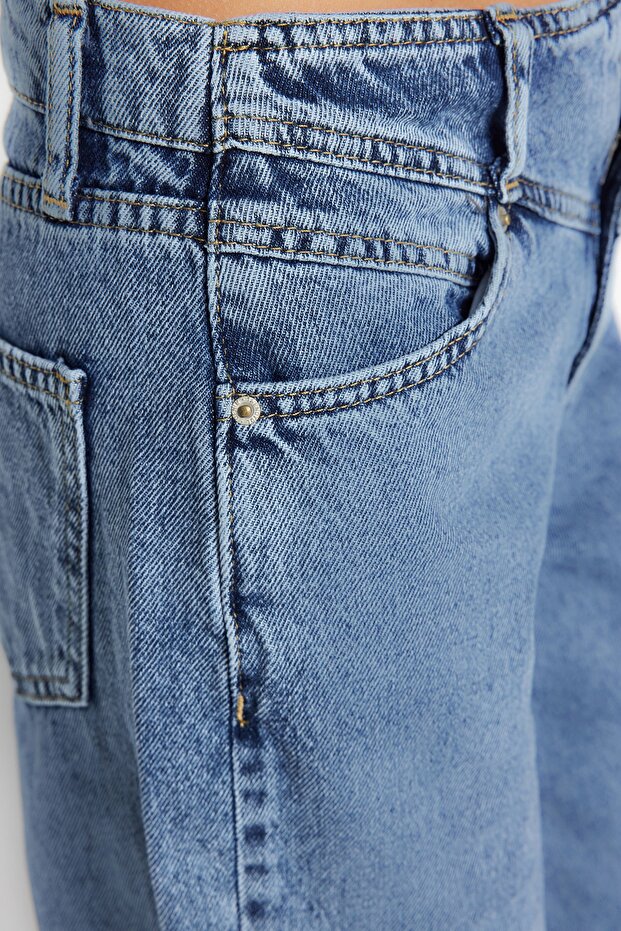 Sötétkék derék részletesen magas derekú, széles lábszárú farmernadrág TWOSS21JE0385 - 5