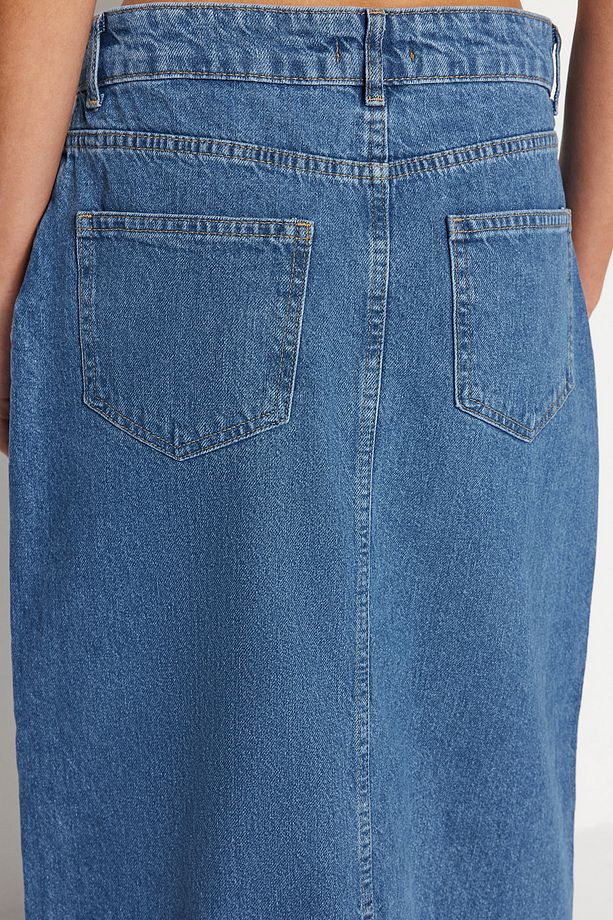 Koyu Mavi More Sustainable Yırtmaçlı Maxi Denim Etek TWOSS23ET00289 - 6