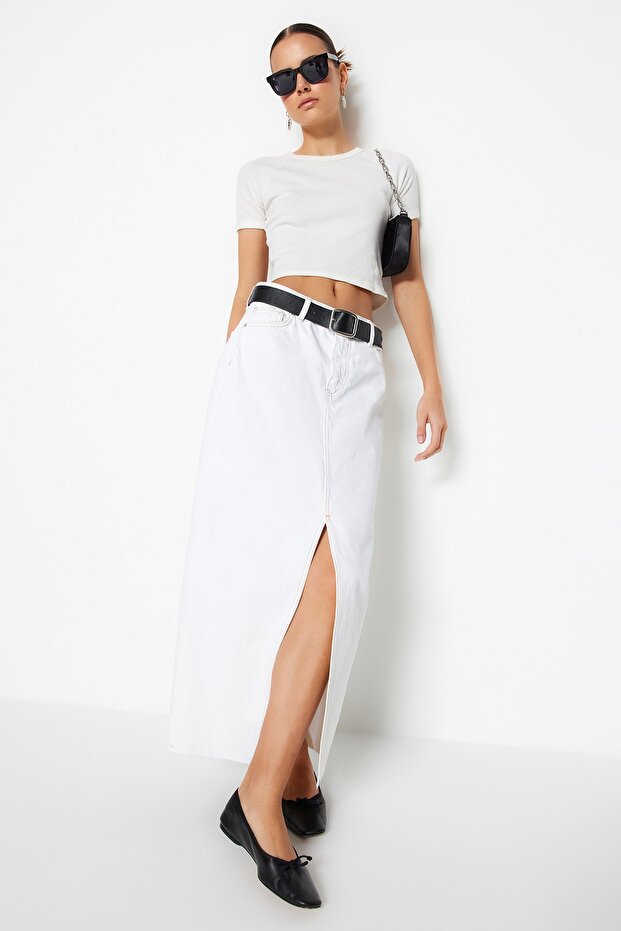 Beyaz Yırtmaçlı Maxi Denim Etek TWOSS23ET00290 - 5