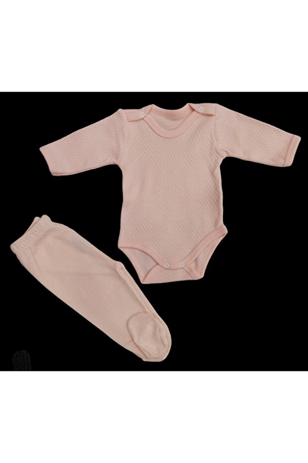 Long Sleeve Baby Bodysuit with Snap Fasteners and Plain Color Bottom Bodysuit Set with Booties (Salmon Color)
