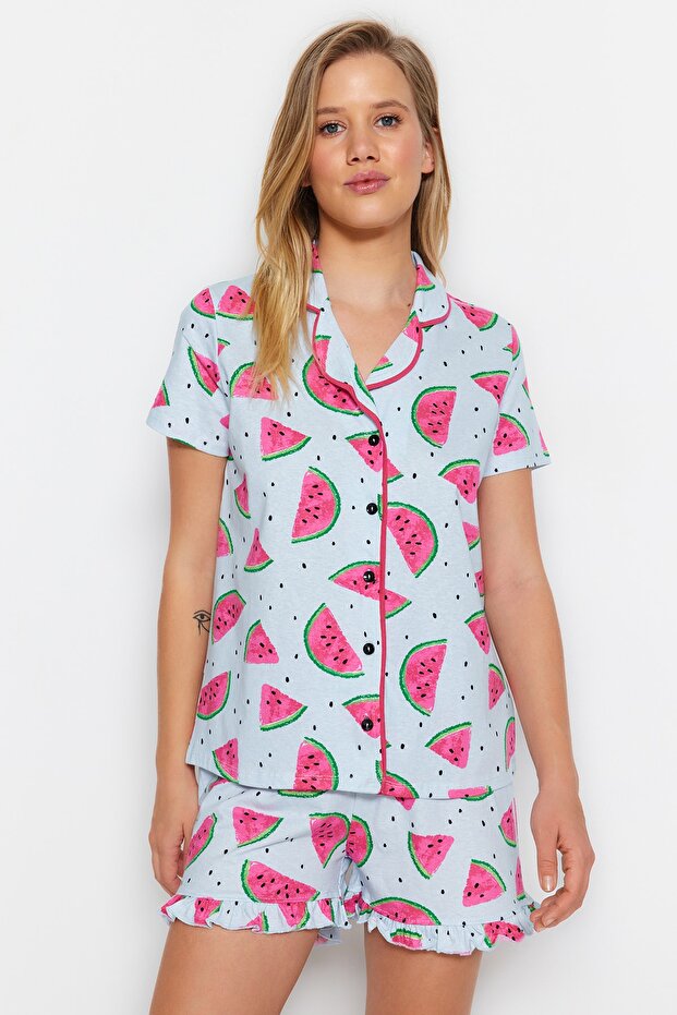 Açık Mavi %100 Pamuklu Karpuz Desenli Fırfırlı Şortlu Örme Pijama Takımı THMSS21PT0670 - 6