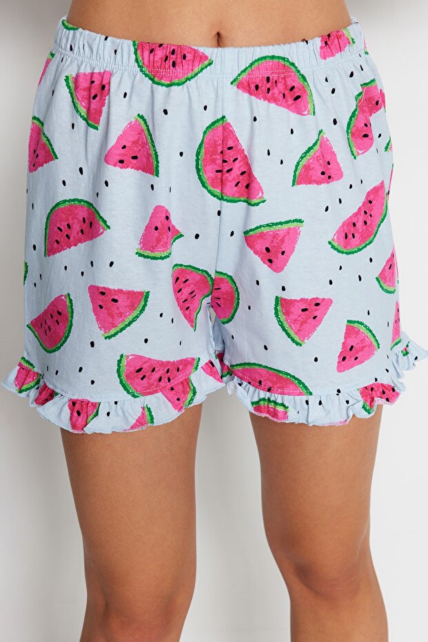 Açık Mavi %100 Pamuklu Karpuz Desenli Fırfırlı Şortlu Örme Pijama Takımı THMSS21PT0670 - 7
