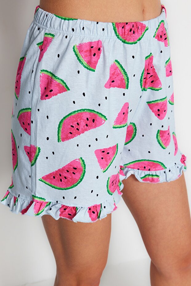 Açık Mavi %100 Pamuklu Karpuz Desenli Fırfırlı Şortlu Örme Pijama Takımı THMSS21PT0670 - 8