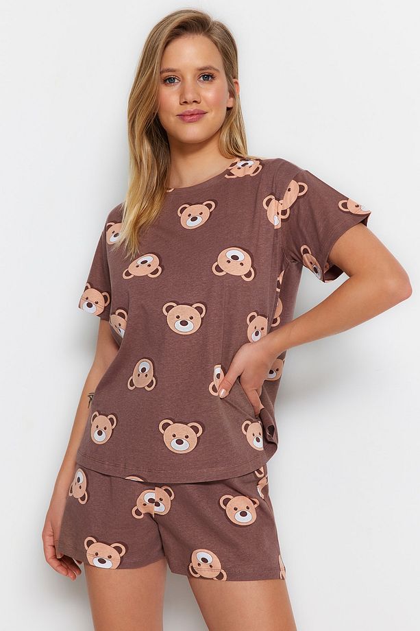 Kahverengi %100 Pamuklu Ayıcıklı Şortlu Örme Pijama Takımı THMSS23PT00005 - 3