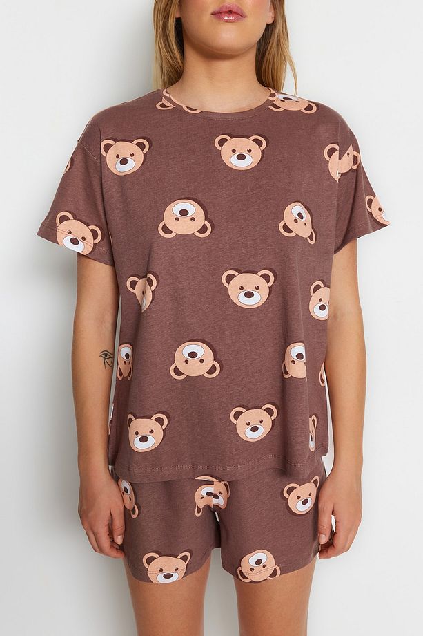 Kahverengi %100 Pamuklu Ayıcıklı Şortlu Örme Pijama Takımı THMSS23PT00005 - 5