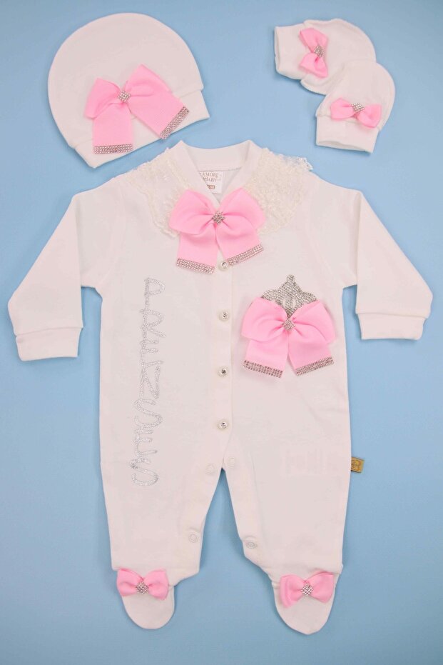 White 3-Piece Baby Rompers Set with Pink Ribbon and Stone Embroidery