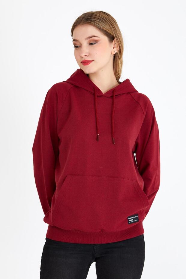 Kadın Bordo Kapüşonlu Basic Örme Sweatshirt - 2
