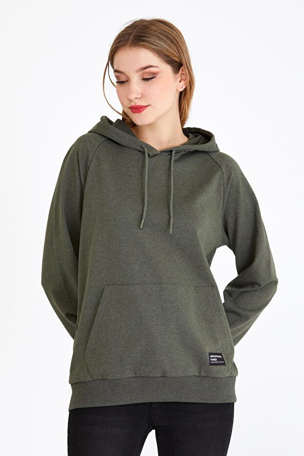 Kadın Haki Renk Kapüşonlu Basic Örme Sweatshirt - 1