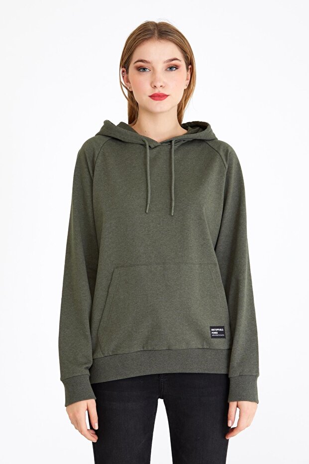 Kadın Haki Renk Kapüşonlu Basic Örme Sweatshirt - 2