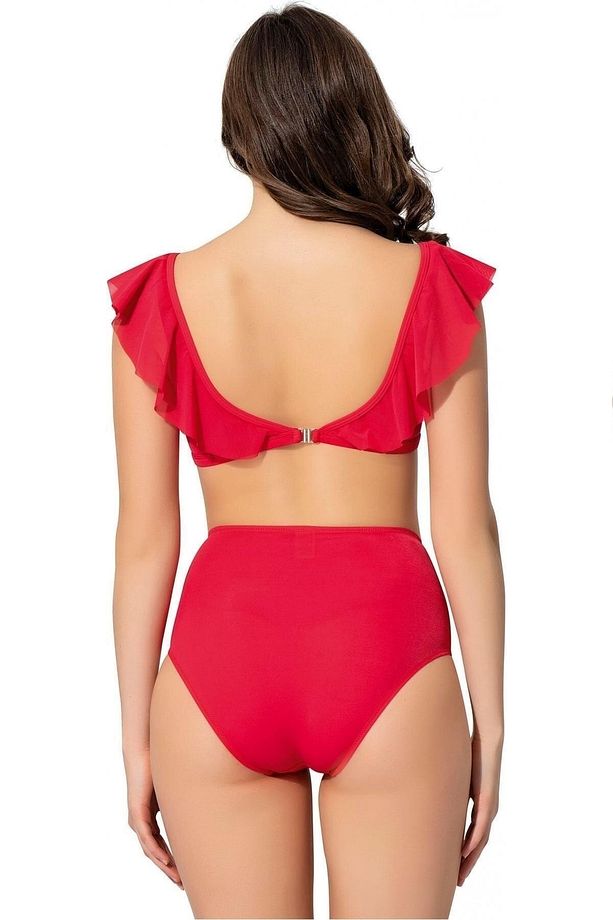Kadın Kırmızı Fırfırlı Yüksek Bel Bikini Takımı - 2