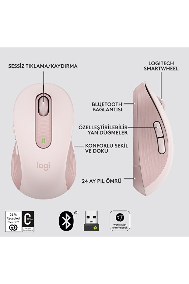 Signature M650 Büyük Boy Sağ El Için Sessiz Kablosuz Mouse - Pembe - 8