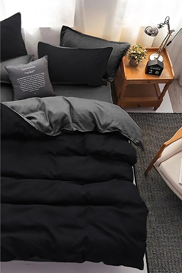 Mul Dubbelsid Double-Sided Duvet Cover Set Sheet with Elastic 200*220 Black-Gray